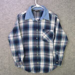 Tribes Shirt Womens Large Blue White Plaid Denim Collar 100% Cotton Button Up